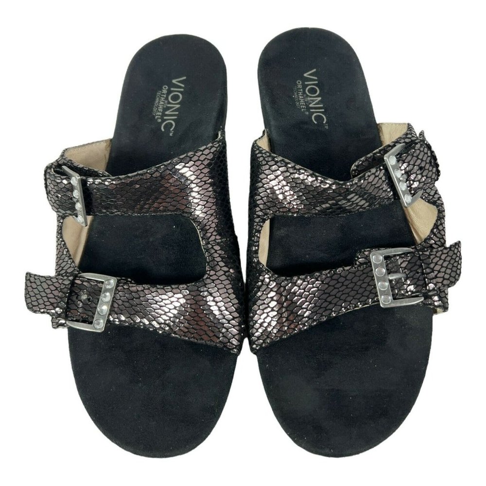 Vionic Womens Czarina TVW4311 Black Snake Print Slip On Slide Sandals Size US 9